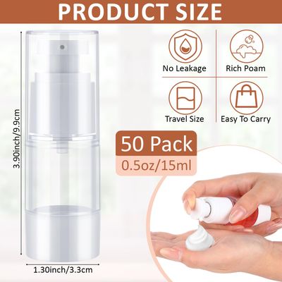 Yaomiao 50 Pcs 0.5 oz 15 ml Airless Pump Bottle Plastic Cosmetic Lotion Dispenser Travel Size Foundation Bottle Refillable Container Vacuum Airless Bottles Empty Clear Pump Jar Small Skin Care Bottle