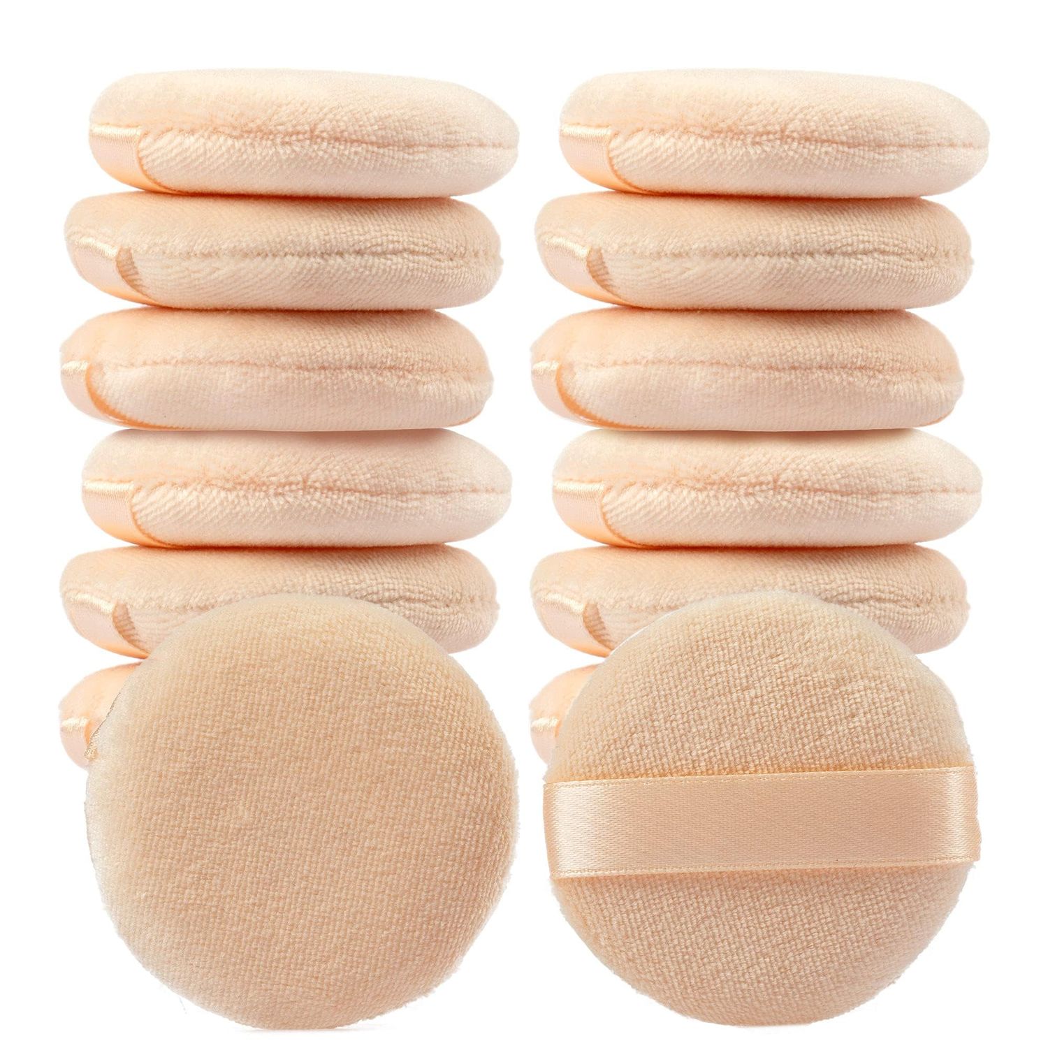 YASUOA Cosmetic Powder Puff Pure Cotton Foundation Puffs Furry Soft Sponge Makeup Tool with Ribbon Hand Strap for Face Body Powder Skin Care Loose 2.36 Inch/2.76inch/3.15inch (Skin color)