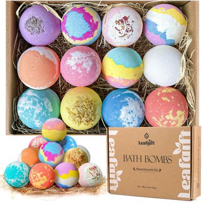 Leafgift Bath Bombs Gift Set, 12pcs Handmade Bath Fizzies with Natural Sea Salt Cocoa &amp; Shea Butter, Perfect for Bubble Bath Spa, Moisturizing Dry Skin, Stress Relief, Best Gift for Women, Men