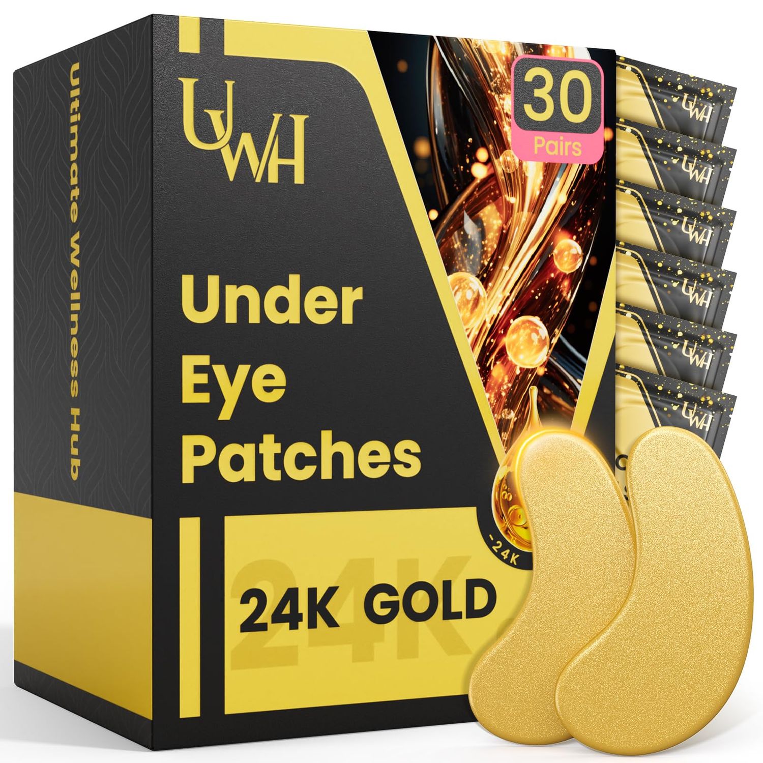 UWH 30P Under Eye Patches for Dark Circles and Puffy Eyes | Infused Gel Under 24K Gold Eye Masks for Skin Care of Puffiness &amp; Eye Bags Treatment for Women Ideal for Beauty Care (30 Pairs, 24K Gold)