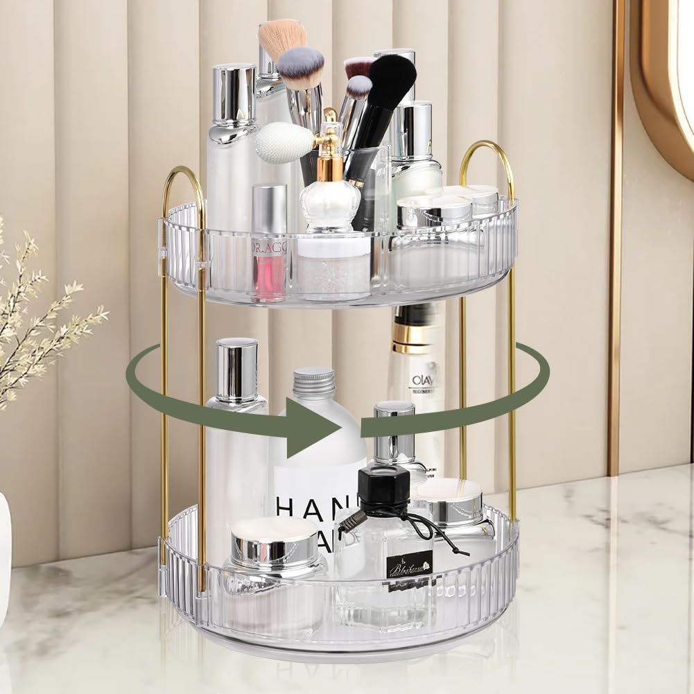 URAQT 360 Rotating Makeup Organizer for Vanity 2 Tier, Bathroom Countertop Organizer and Storage Large Capacity Clear Makeup Brush Holder Perfume Skincare Cosmetics Dresser OrganizerWhite