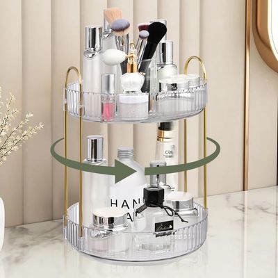 URAQT 360 Rotating Makeup Organizer for Vanity 2 Tier, Bathroom Countertop Organizer and Storage Large Capacity Clear Makeup Brush Holder Perfume Skincare Cosmetics Dresser OrganizerWhite