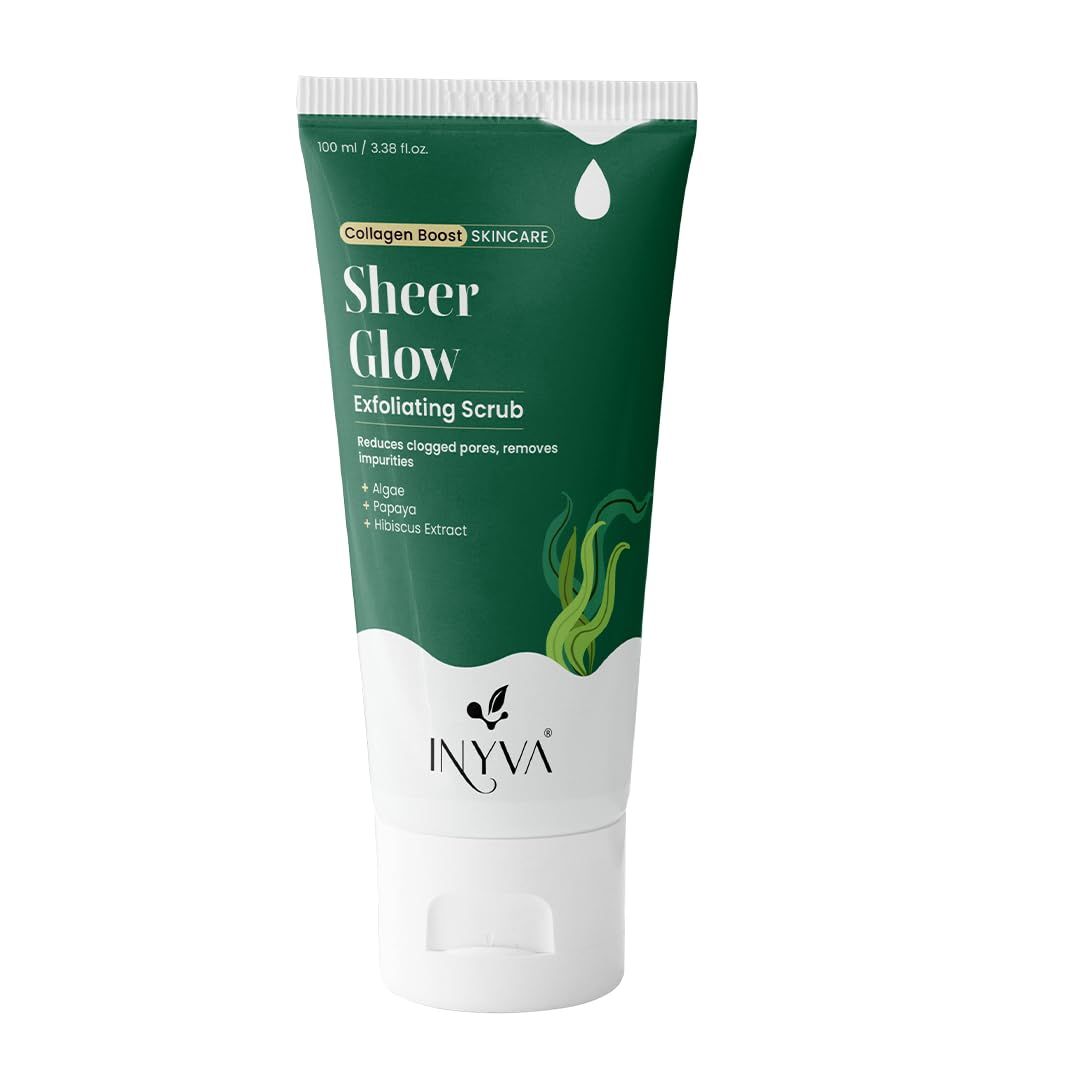 INYVA Sheerglow Exfoliating Face Scrub with Algae, Papaya &amp; Hibiscus Extracts - Natural Radiance &amp; Skin Smoothing - Nourishing Beauty &amp; Skin Care Solution for All Skin Types - 3.38 Oz