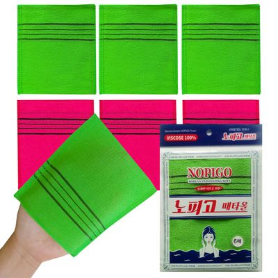 NOPIGO The Original Korean Exfoliating Mitt Body Scrub (6Pack) Green3+Red3, Asian Exfoliating Bath Washcloth for Dead Skin, Bath Sponge