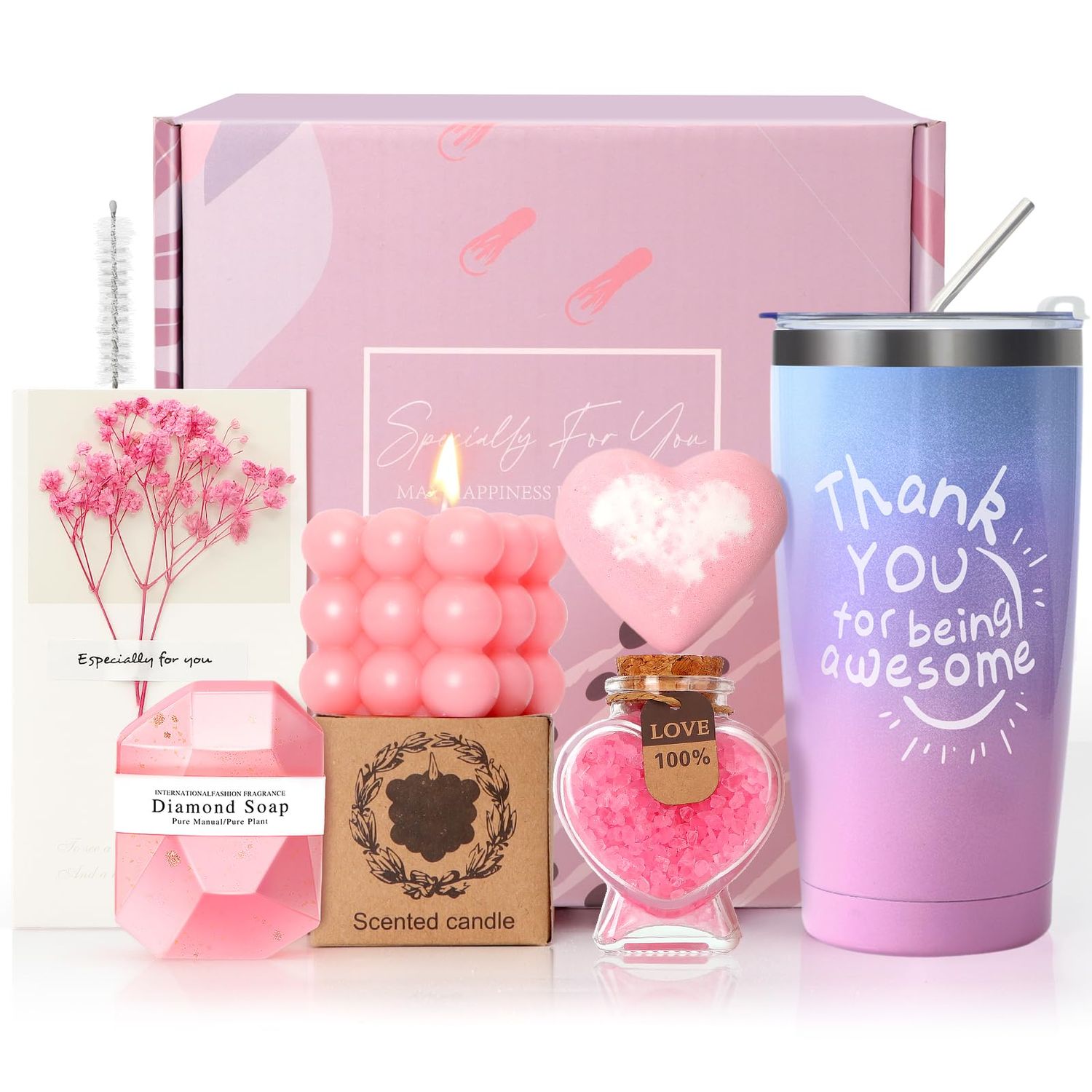 MACEVIA Birthday Gifts for Women, Unique Gift Ideas for Birthday, Thank You Gifts for Women Mom Wife Sister Girlfriend Her -Pink Rose Spa Gift Basket Set