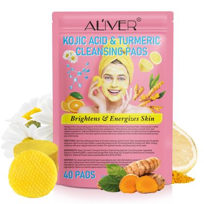 Kojic Acid and Turmeric Cleansing Pads, Turmeric Kojic Acid Cleansing Pads with Vitamin B5, Vitamin C, Turmeric Kojic Acid Lemon Chamomile Pads for Face -40PCS