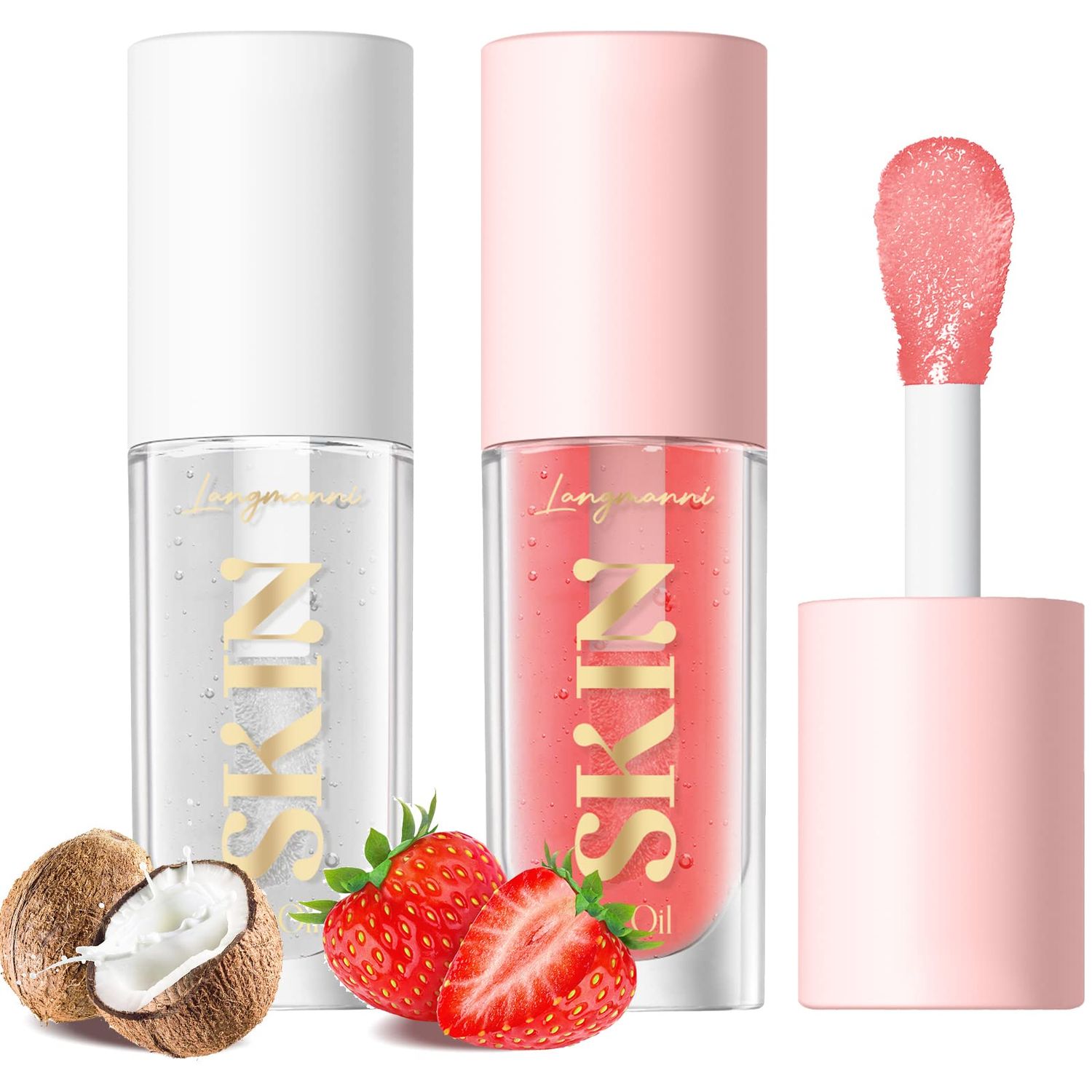 LANGMANNI Lip Oil,No-Sticky Gloss Lip Balm Lip Care,Fruit Flavoured Lip Oil For Dry Lip&#39;s Moisturizing Hydrating And Nourishing (Strawberry+Coco)