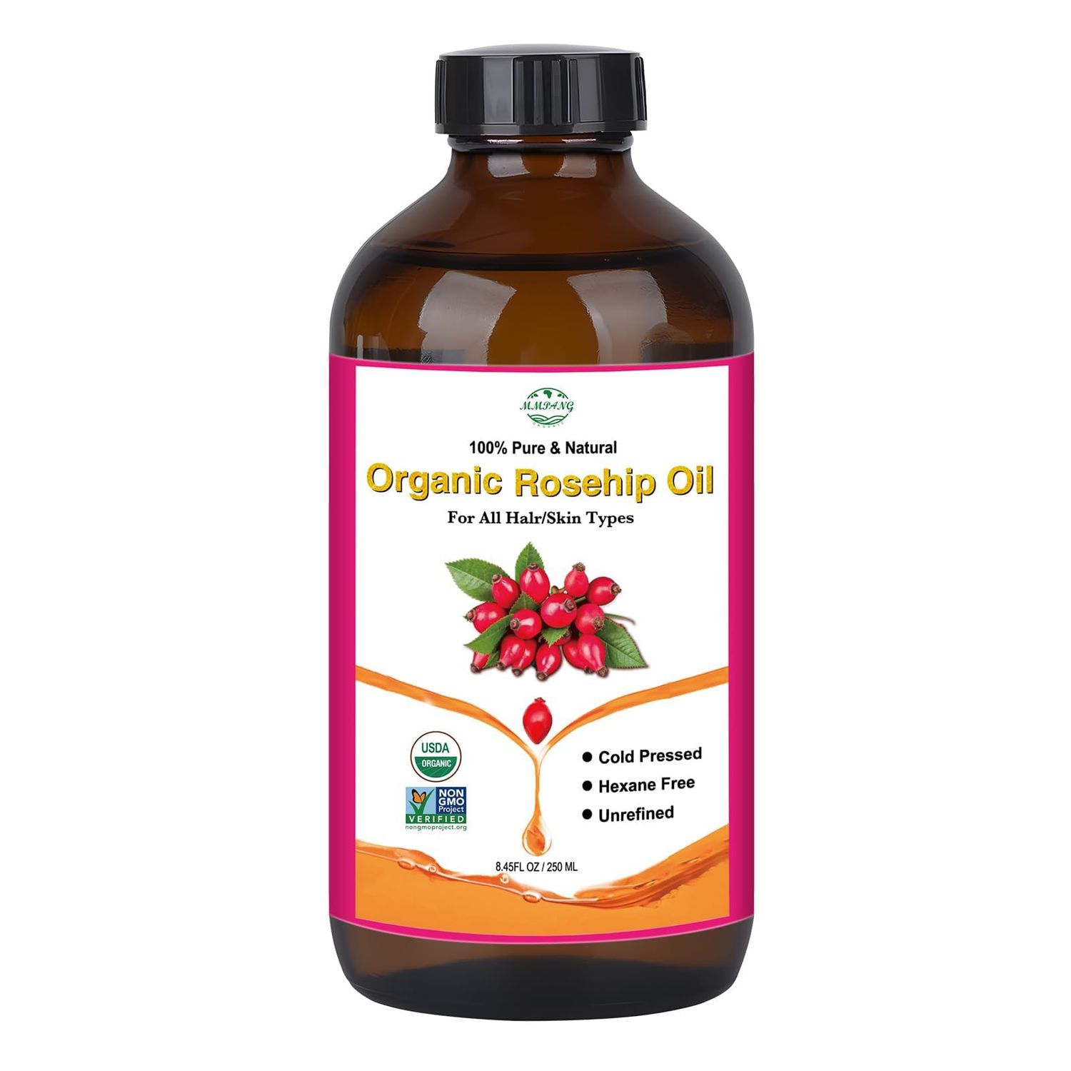 MMPANG Rosehip Seed Oil for Face, 100% Pure Natural Organic Rosehip Oil Cold Pressed Unrefined Facial Oil for Anti-Aging, Acne Scar, Moisturizing Skin Hair Care (No Dropper, 8.45oz/250ml)