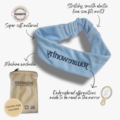 REMINDR Self-Care Spa Headband for Women - Mirror-Readable Affirmations: You Are Worthy - Confidence-Boosting Hairband for Face Washing, Skincare, Masks, and Beauty Routines - Baby Blue