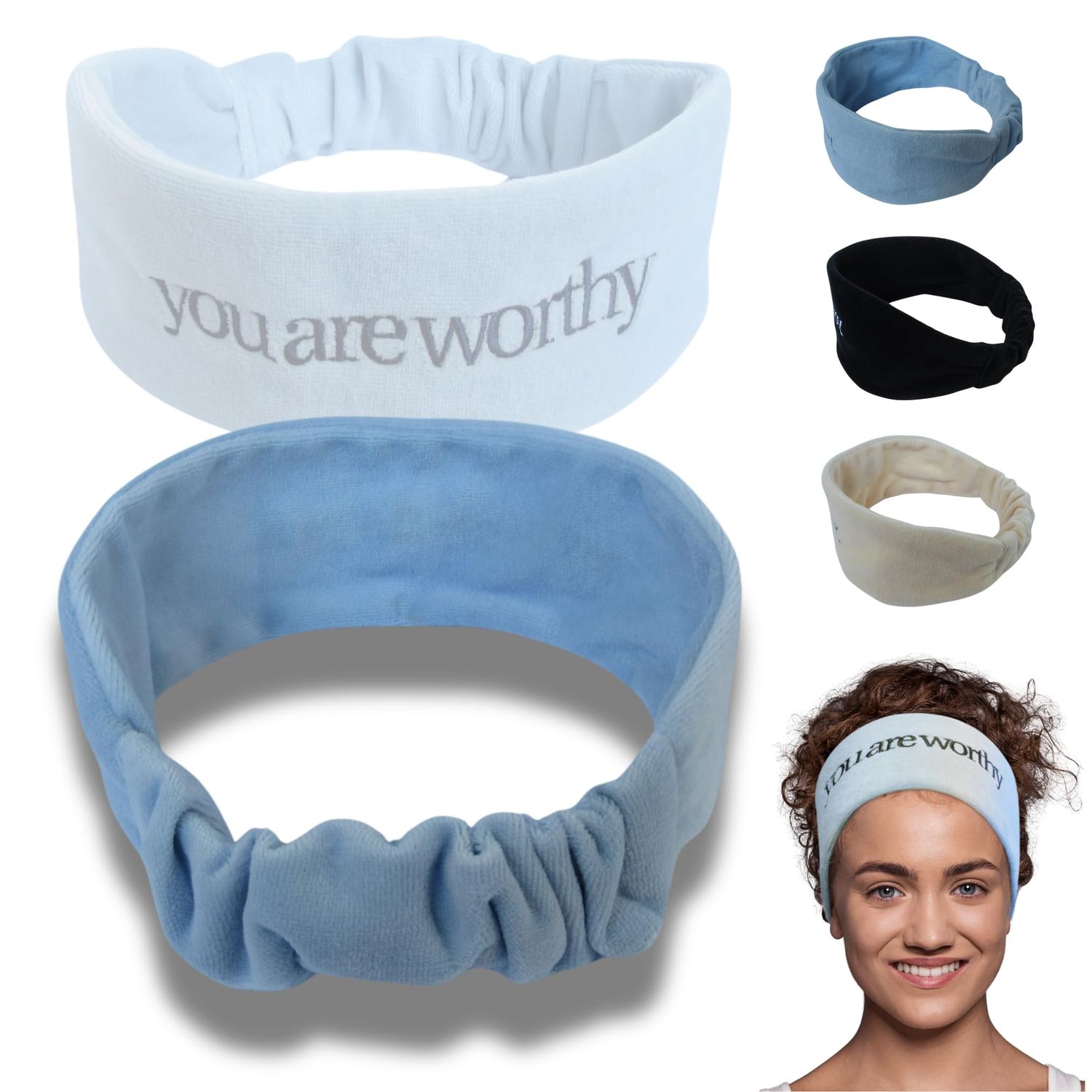 REMINDR Self-Care Spa Headband for Women - Mirror-Readable Affirmations: You Are Worthy - Confidence-Boosting Hairband for Face Washing, Skincare, Masks, and Beauty Routines - Baby Blue