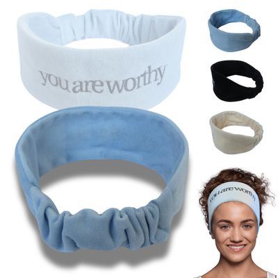 REMINDR Self-Care Spa Headband for Women - Mirror-Readable Affirmations: You Are Worthy - Confidence-Boosting Hairband for Face Washing, Skincare, Masks, and Beauty Routines - Baby Blue