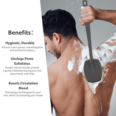 iTokGoK All New Premium Silicone Back Scrubber with Tire Anti-Slip Long Handle for Shower, Gentle Exfoliating and Massage Brush Scrubber for Sensitive Skin for Men and Women (Gray)