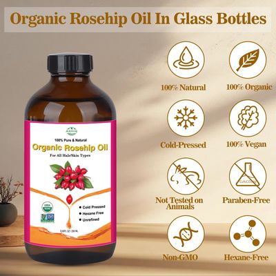 MMPANG Rosehip Seed Oil for Face, 100% Pure Natural Organic Rosehip Oil Cold Pressed Unrefined Facial Oil for Anti-Aging, Acne Scar, Moisturizing Skin Hair Care (No Dropper, 8.45oz/250ml)