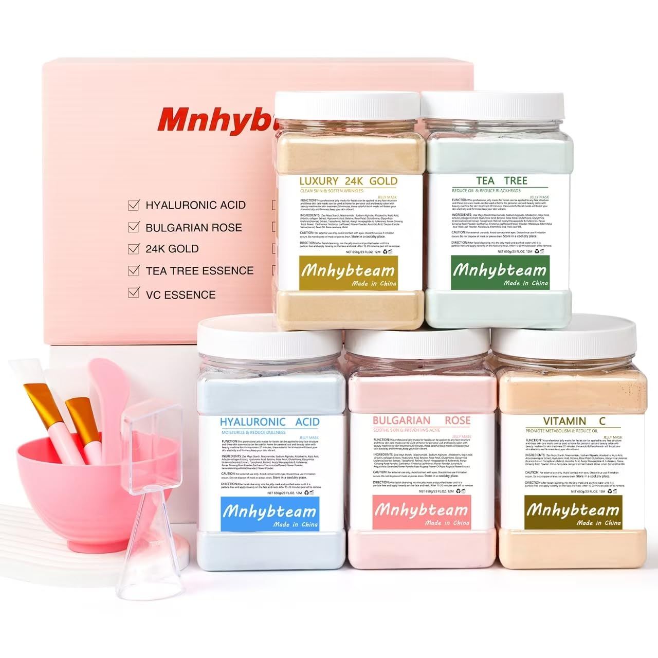Jelly Mask For Facials Professional hydrojelly Mask Gel Powder Face Mask Set, Hydrating &amp; Deeply Purifying Face Masks Spa Set - 5 Pack of (Hyaluronic Acid, Bulgarian Rose, 24K, Tea Tree, VC)