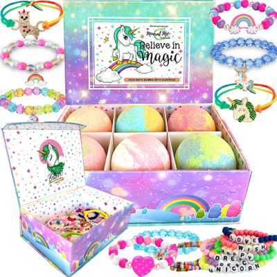 Unicorn Bath Bombs for Girls with Jewelry Inside &amp; Jewelry Box for Kids - Organic, Skin Moisturizing, Natural Bubble Bath Bombs for Kids with Surprise Toy Inside, Valentines Day Gifts for Kids, Tweens