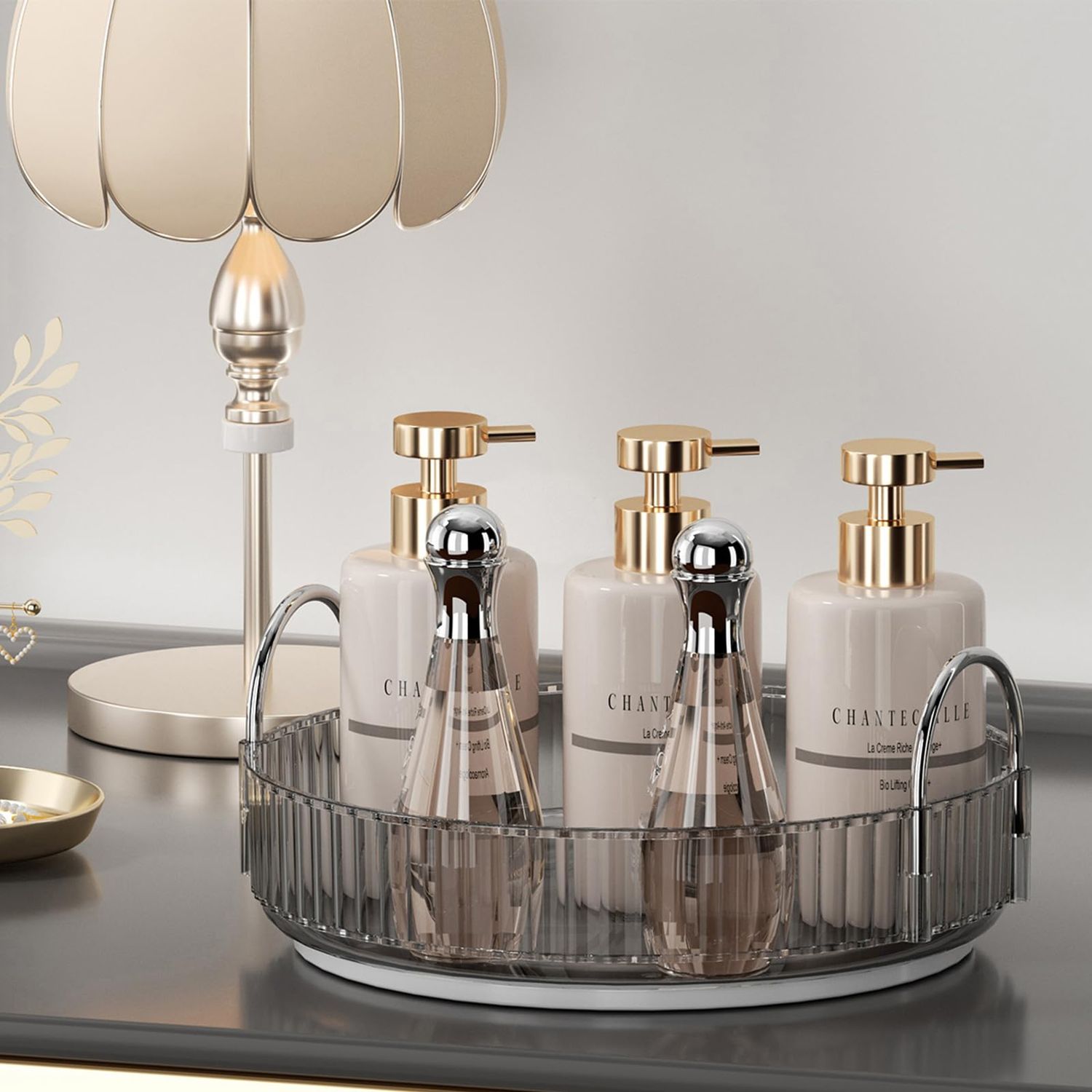 UNICOMVSX Rotating Makeup Organizer for Vanity, Spinning Cosmetics Storage for Bathroom Countertop, Skincare Holder Rack for Facial Cream, Perfume, Lotion, Lipstick (1 Tier, Smoky Grey)