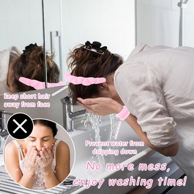 Wecoe Spa Headband and Wristband Set Makeup Headband For Washing Face Skincare Headband Women Girls Cute Pink Puffy Sponge Bubble Headband Thick Padded Cloud Headband Wrist Towels Scrunchies