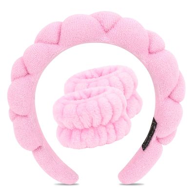 Wecoe Spa Headband and Wristband Set Makeup Headband For Washing Face Skincare Headband Women Girls Cute Pink Puffy Sponge Bubble Headband Thick Padded Cloud Headband Wrist Towels Scrunchies