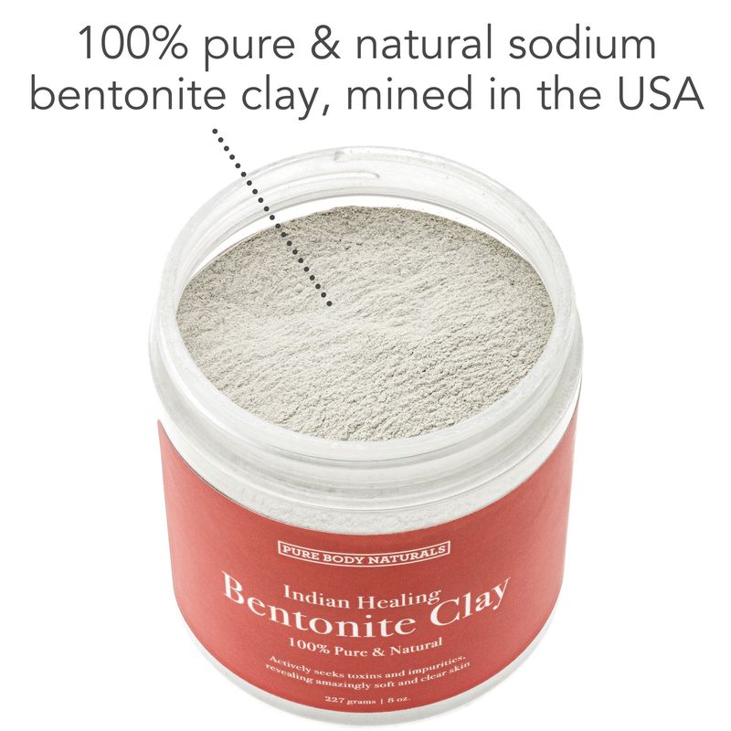 Pure Body Naturals Bentonite Clay Powder for DIY Detox Body &amp; Face Mask, Pure Indian Healing Clay for Deep Pore Cleansing and Armpit Detox for Women, (8.0 oz)