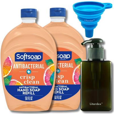 Litardex Liquid Hand Soap Refill 2-Pack 50oz Crisp Clean Scent Bundle Dispenser and Funnel (3 Items)