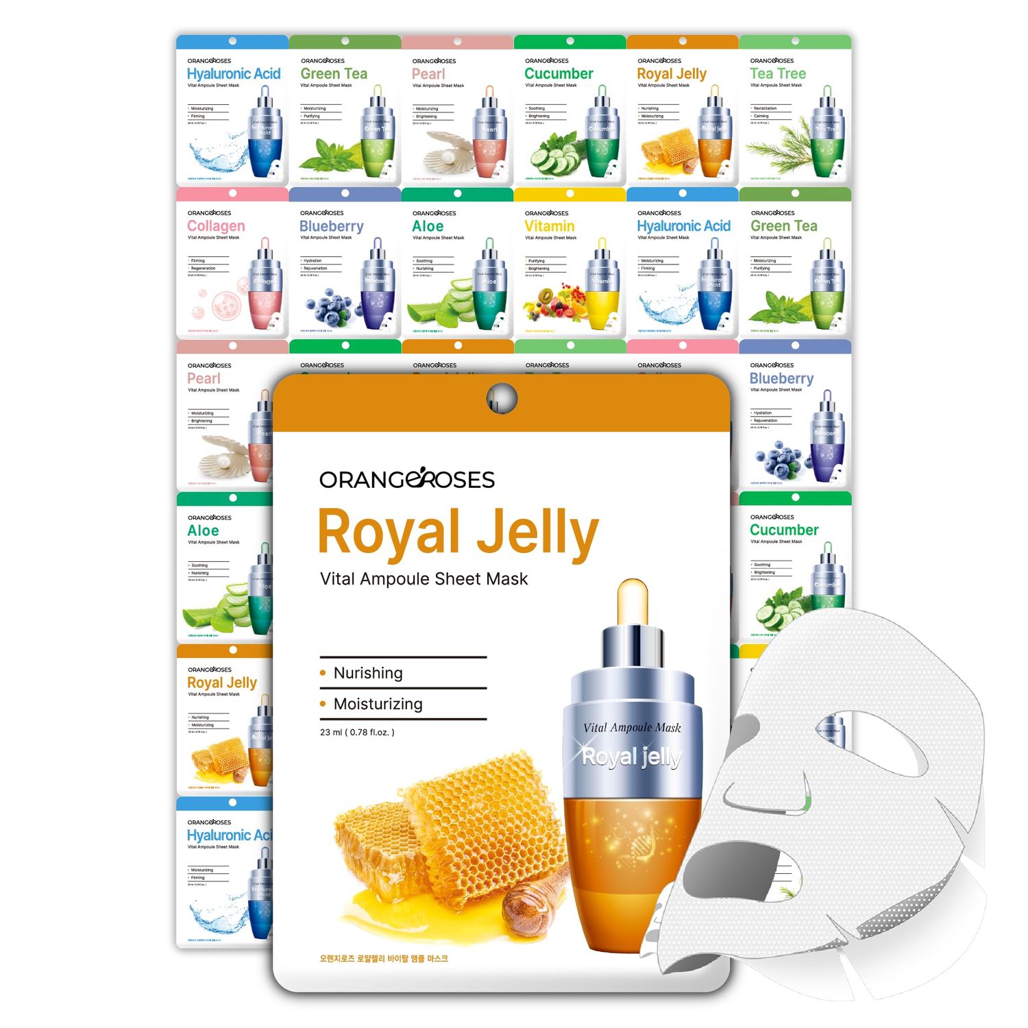 OBS Lab  Orangeroses  30 Pcs Combo Pack Vital Ampoule Sheet Mask, Korean Facial Skincare Sheet | Simple &amp; Effective Skincare Routine | Moisturization | Wrinkle Care | Brightening