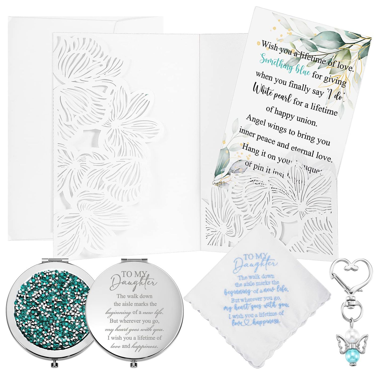 Unittype 5 Pcs Wedding Gift to Daughter from Mother, to My Daughter Handkerchief Compact Mirror Bride Angel Charms Gift Card for Bridal Shower Wedding Day Keepsake from Parents