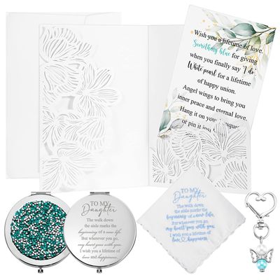 Unittype 5 Pcs Wedding Gift to Daughter from Mother, to My Daughter Handkerchief Compact Mirror Bride Angel Charms Gift Card for Bridal Shower Wedding Day Keepsake from Parents