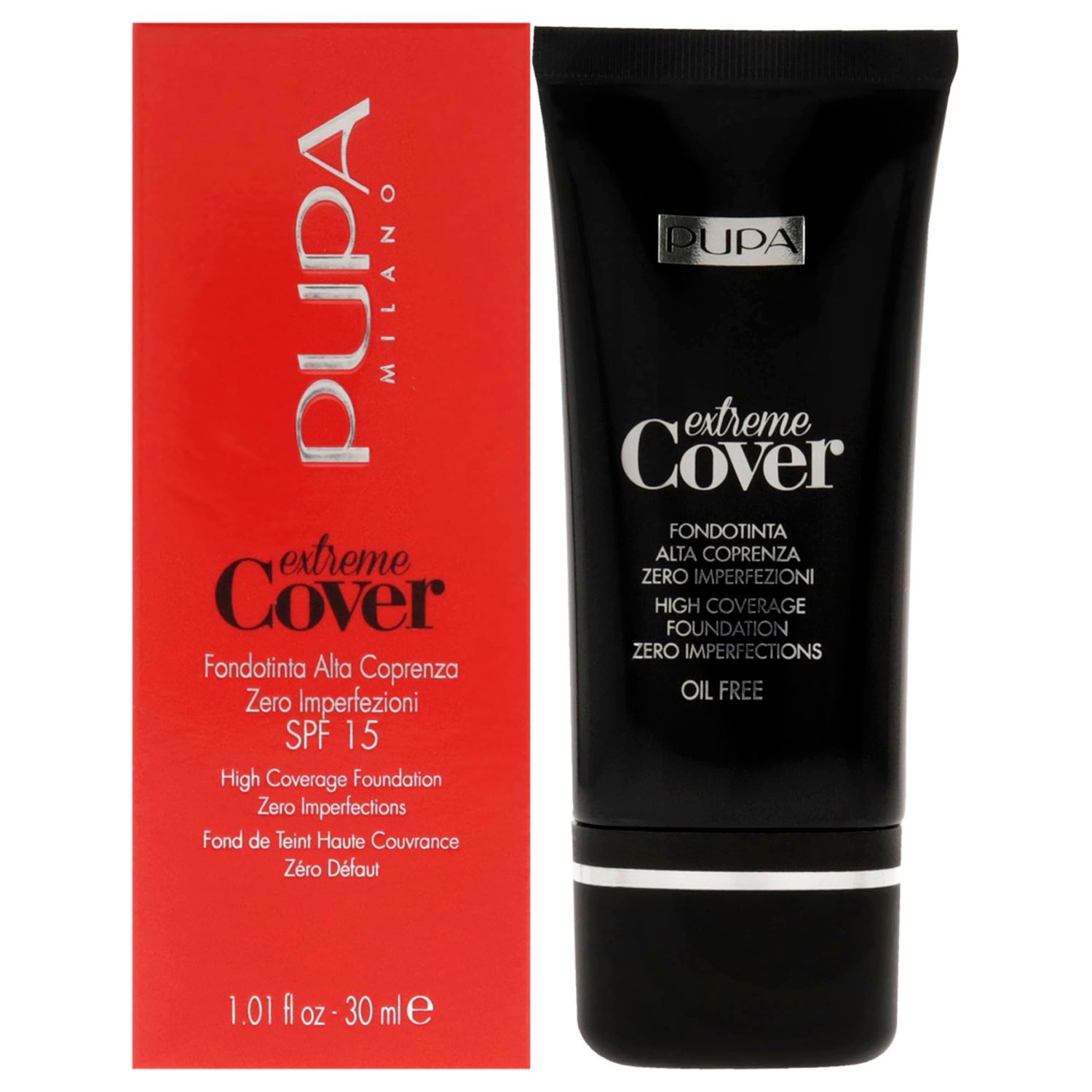 PUPA Milano Extreme Cover Foundation SPF 15 - High Coverage - Corrects Skin Spots And Dyschromia - Highly-Pigmented Texture - Floral -Fragrance - 010 Alabaster - 1.01 Oz, (PUP091002)