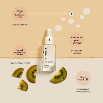 Honest Beauty Stay Hydrated Hyaluronic Acid + NMF Serum | Moisturizes + Reduces Fine Lines | 3 Types of Hyaluronic Acid, NMF, Kiwi Seed Oil | EWG Verified, Vegan + Cruelty Free | 1 fl oz