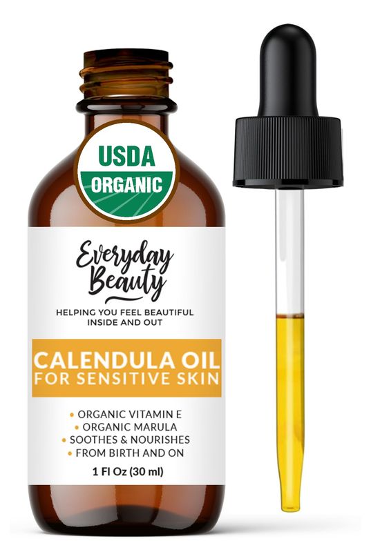 Organic Calendula Oil For Sensitive Skin - USDA Certified 100% Natural Plant Based, Lightweight &amp; Unscented Gentle Soothing Oil For Sensitive Skin - For Face, Skin &amp; All Over - 1 Fl Oz Glass &amp; Dropper