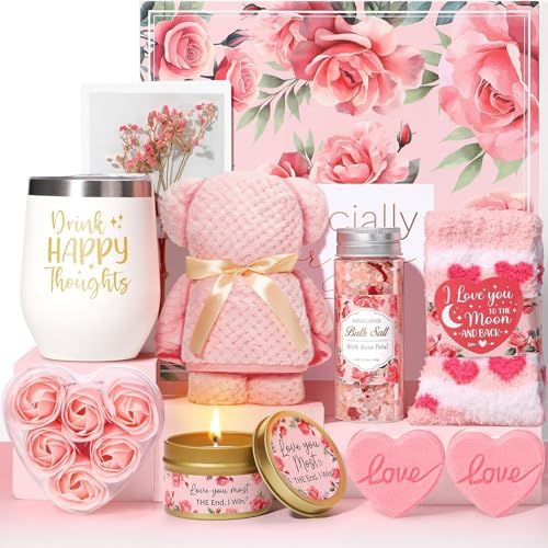 Valentines Day Gifts for Women Her Wife Girlfriend, Romantic Rose Bath Spa Gifts Set, Relaxing Anniversary Self Care Gift Baskets for Women, Unique Birthday Gifts for Mom Sister Daughter Aunt Friends
