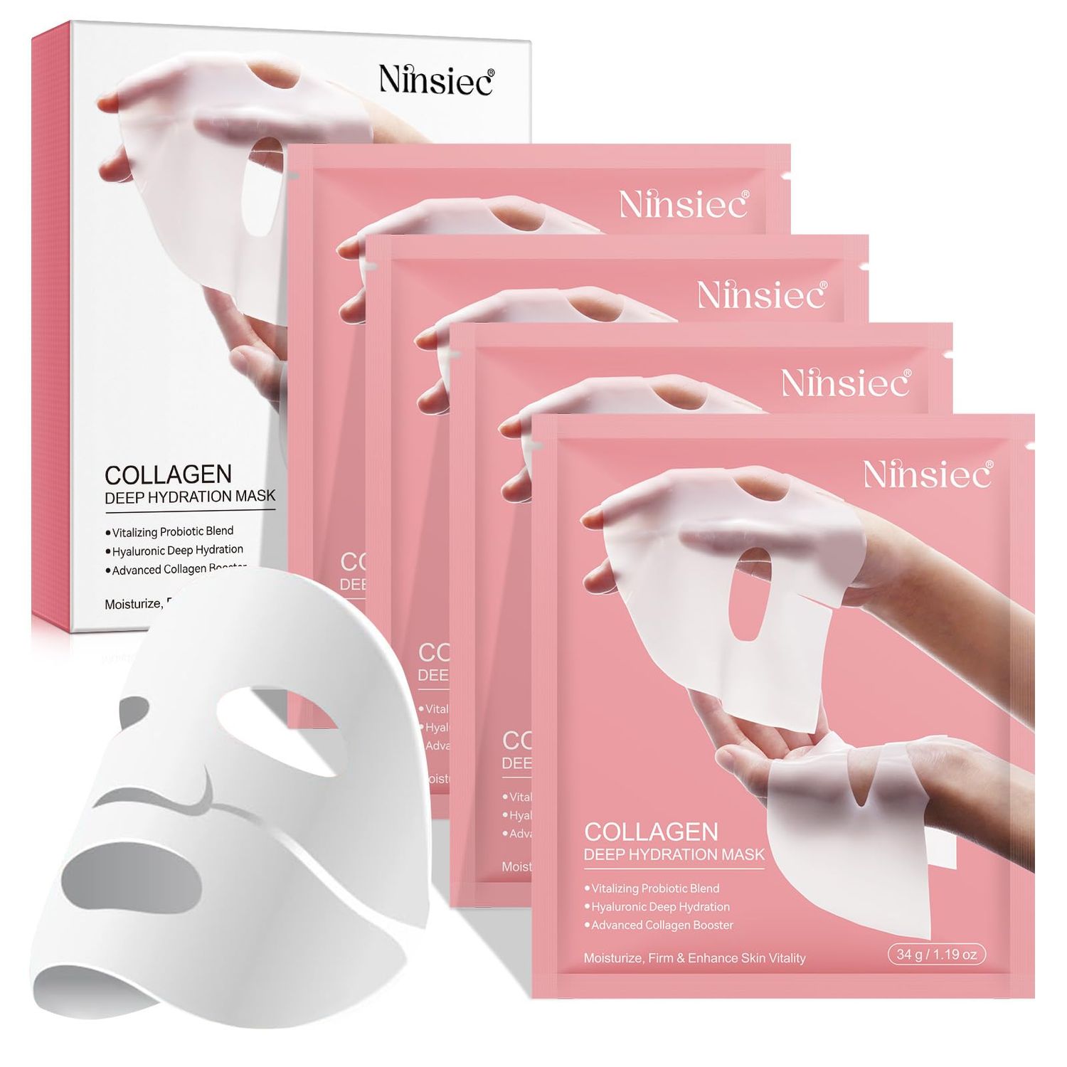 Ninsiec Collagen Deep Mask,Deep Lifting Mask, Pure Collagen Films Deep Hydrating Firming Overnight Hydrogel Mask, Hydrating Anti Wrinkle Lifting Mask (4 pcs)