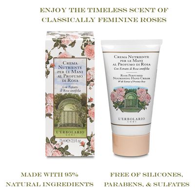 LErbolario Rose Perfumed Nourishing Hand Cream - Hand Lotion for Dry, Cracked Hands - Floral Rose Fragrance - Skin Barrier Repair Cream - 2.5 oz