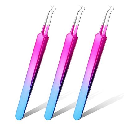 Honoson 3 Pcs Blackhead Tweezer Stainless Steel Pimple Tweezers Extractor Tool for Remove Blackhead Zit Whitehead Pimple Bend Curved Tweezer Skin Blackhead Remover Tools(Rainbow Color)