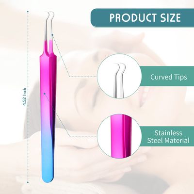 Honoson 3 Pcs Blackhead Tweezer Stainless Steel Pimple Tweezers Extractor Tool for Remove Blackhead Zit Whitehead Pimple Bend Curved Tweezer Skin Blackhead Remover Tools(Rainbow Color)
