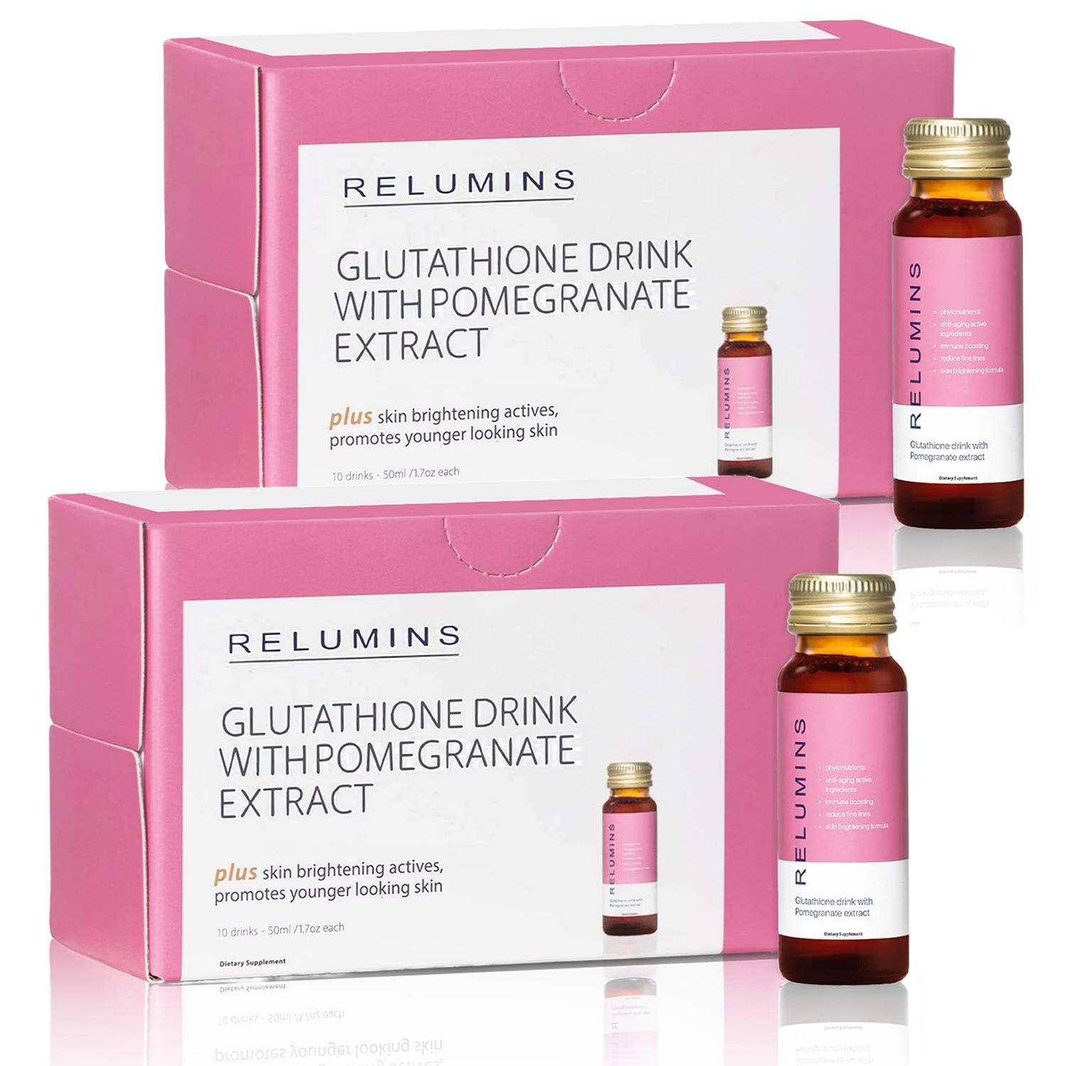 Relumins Glutathione Drink - Helps Promote Brighter and Firm Skin, Boosts Skin Collagen Content, Increases Skin Moisture for a Younger Looking Skin - Pomegranate Flavor, 50mL x 20 Gluta Shot Bottles