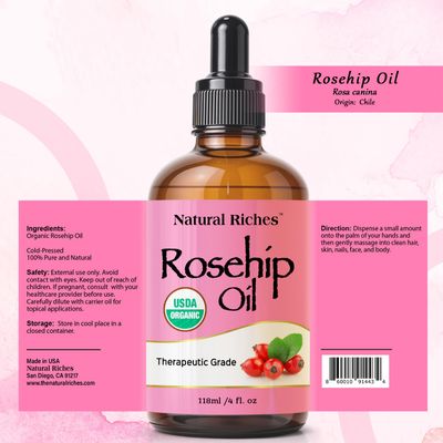 Natural Riches Organic Rosehip Seed Oil for Face 100% Pure Natural Cold Pressed Unrefined Non-GMO Carrier Oil for Skin Hair &amp; Nails. 4 fl oz.
