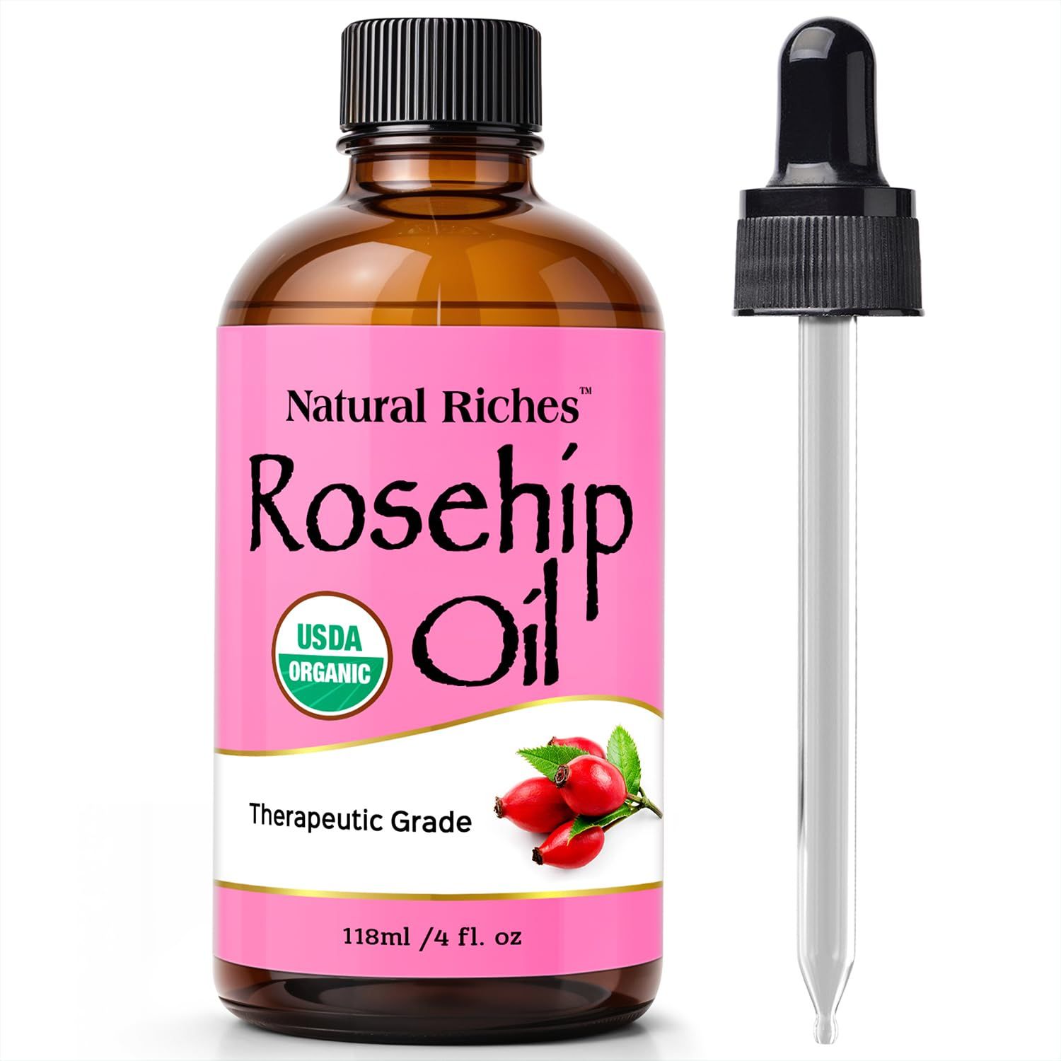 Natural Riches Organic Rosehip Seed Oil for Face 100% Pure Natural Cold Pressed Unrefined Non-GMO Carrier Oil for Skin Hair &amp; Nails. 4 fl oz.