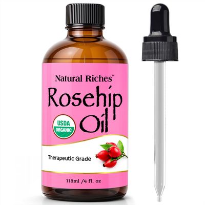 Natural Riches Organic Rosehip Seed Oil for Face 100% Pure Natural Cold Pressed Unrefined Non-GMO Carrier Oil for Skin Hair &amp; Nails. 4 fl oz.