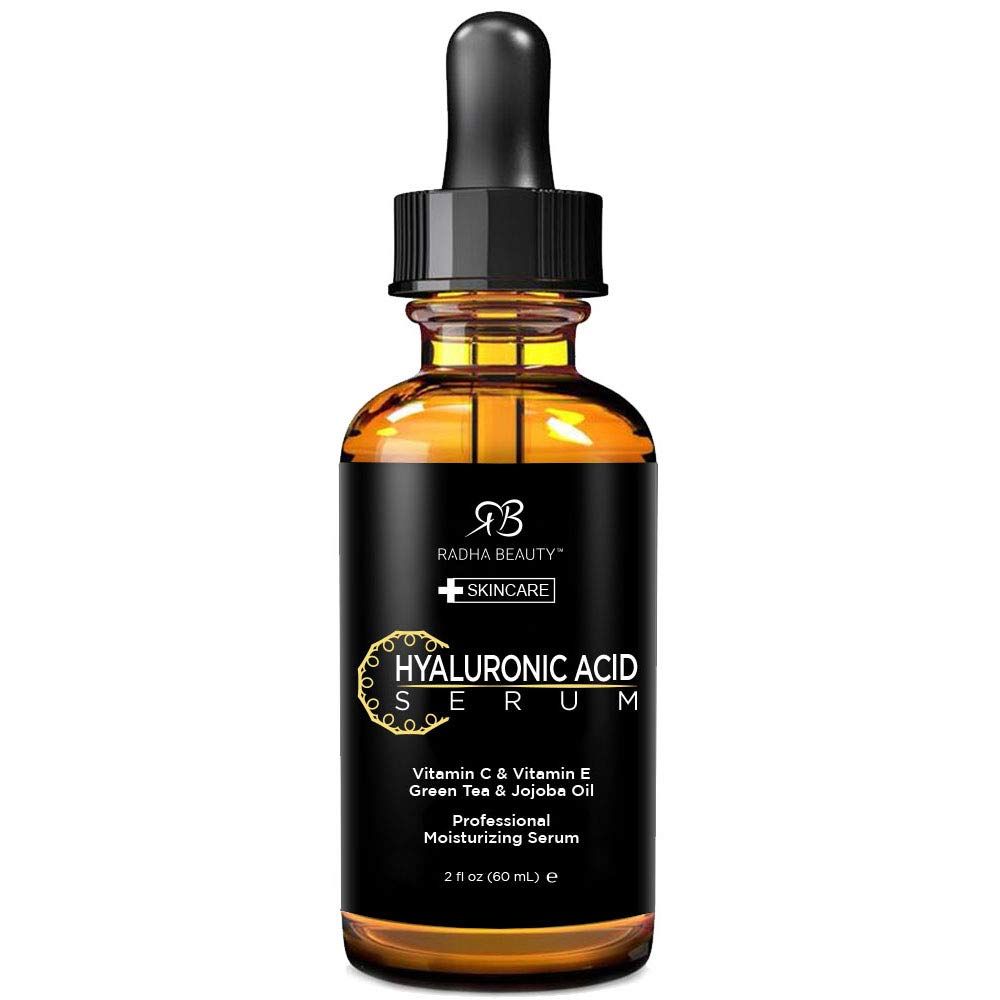 Radha Beauty Hyaluronic Acid Serum for Skin, 2 fl. oz - Infused with Vitamin C, Vitamin E, Green Tea &amp; Jojoba Oil, Intensive Moisture and Hydration for Anti-Aging, Wrinkles, and Fine Lines