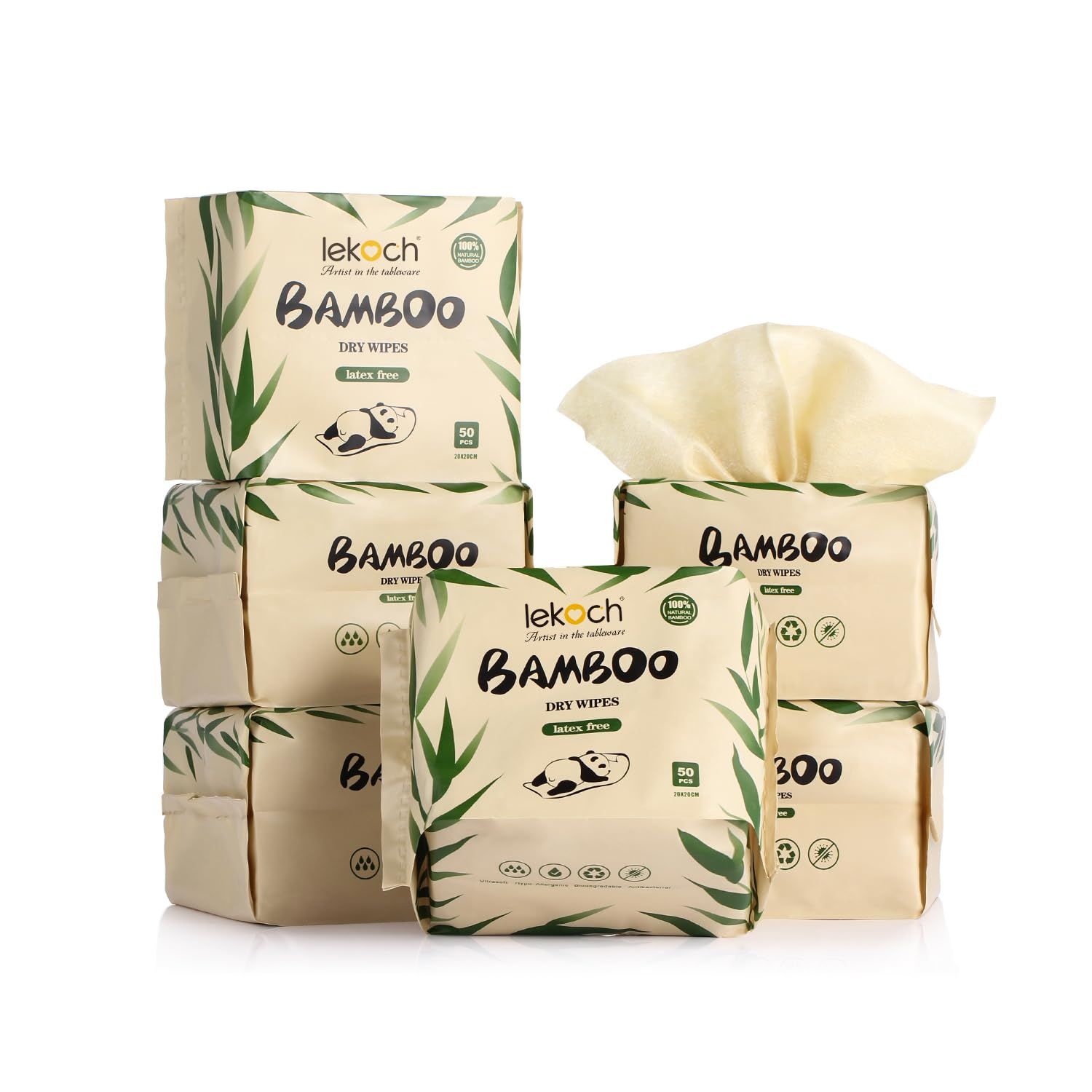 LEKOCH 300 Sheets Disposable Bamboo Dry Wipes Bamboo Facial Tissue For Sensitive Skin, Ultra Soft for Baby Care, Facial Cleansing, and Personal Hygiene 6 Packs 50pcs/Pack