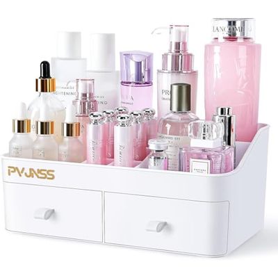 PVJSNN Makeup Organizer, Large Capacity Desk Organizer with 2 Drawers, Bathroom and Bedroom Desk Cosmetics Holder for Skin Care, Lipstick, Eyeshadow, Lotions, Nail Polish (White)