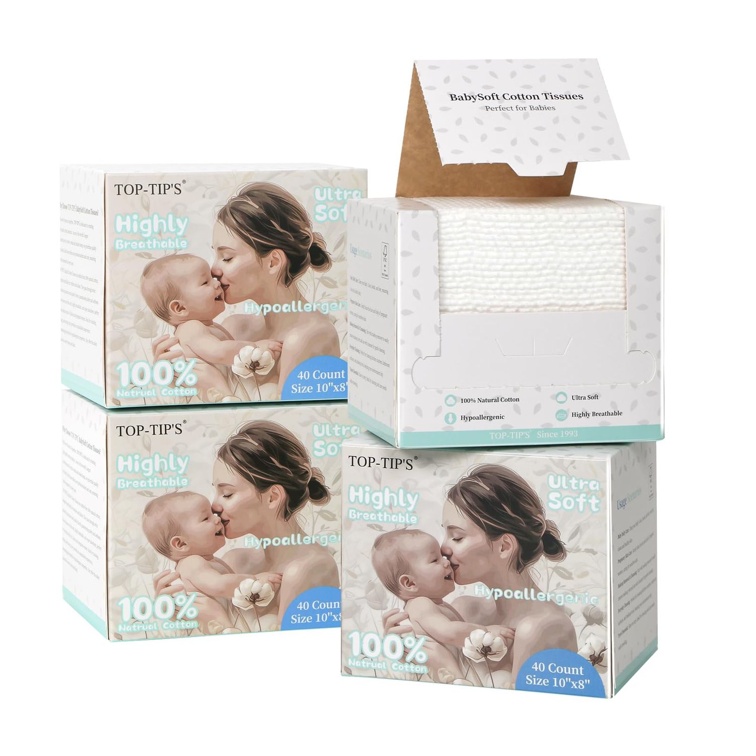 Top-Tip&#39;s BabySoft 100% Pure Cotton Disposable Face Towels, Lint-Free Dry Wipes for Babies and Sensitive Skin, Ultra Soft Facial Tissue, 7.88x10, 40 Count