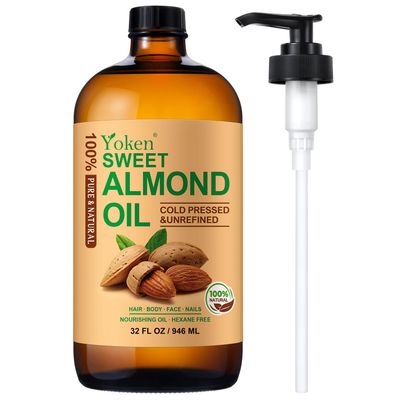Yoken Sweet Almond Oil 32 fl oz 100% Pure Cold Pressed Glass Bottle Sweet Almond Oil for Skin, Hair, Almond Oil for Hair Moisturier, Smooth and Soft Skin, Carrier Oil for DIY, Massage