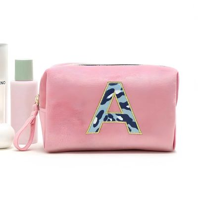 Initial Makeup Bag Personalized Velvet Cosmetic Bag Preppy Makeup Pouch Monogrammed Letter Make up Bag Small Travel Bag for Her Daughter Girlfriend Sister Girls Trendy Stuff Skincare Pouch (A, Pink)