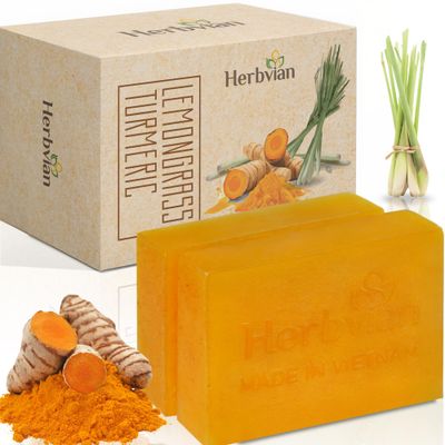 Herbvian 100% Natural Turmeric Soap Bar for Face and Body, Warmth Lemongrass Mosquito Repellent Soap, Vietnamese Back Acne Bath Body Soap, Anti-Acne Cleansing Healthy for All Type Skins (Pack 2)