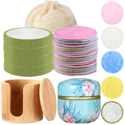 Reusable &amp; Washable Makeup Remover Pads (40 Pack) &amp; Bamboo Holder &amp; Decorative Storage Tin &amp; Washable Drawstring Laundry Bag | All Skin Type Skincare Set Facial Cleaning Cloth