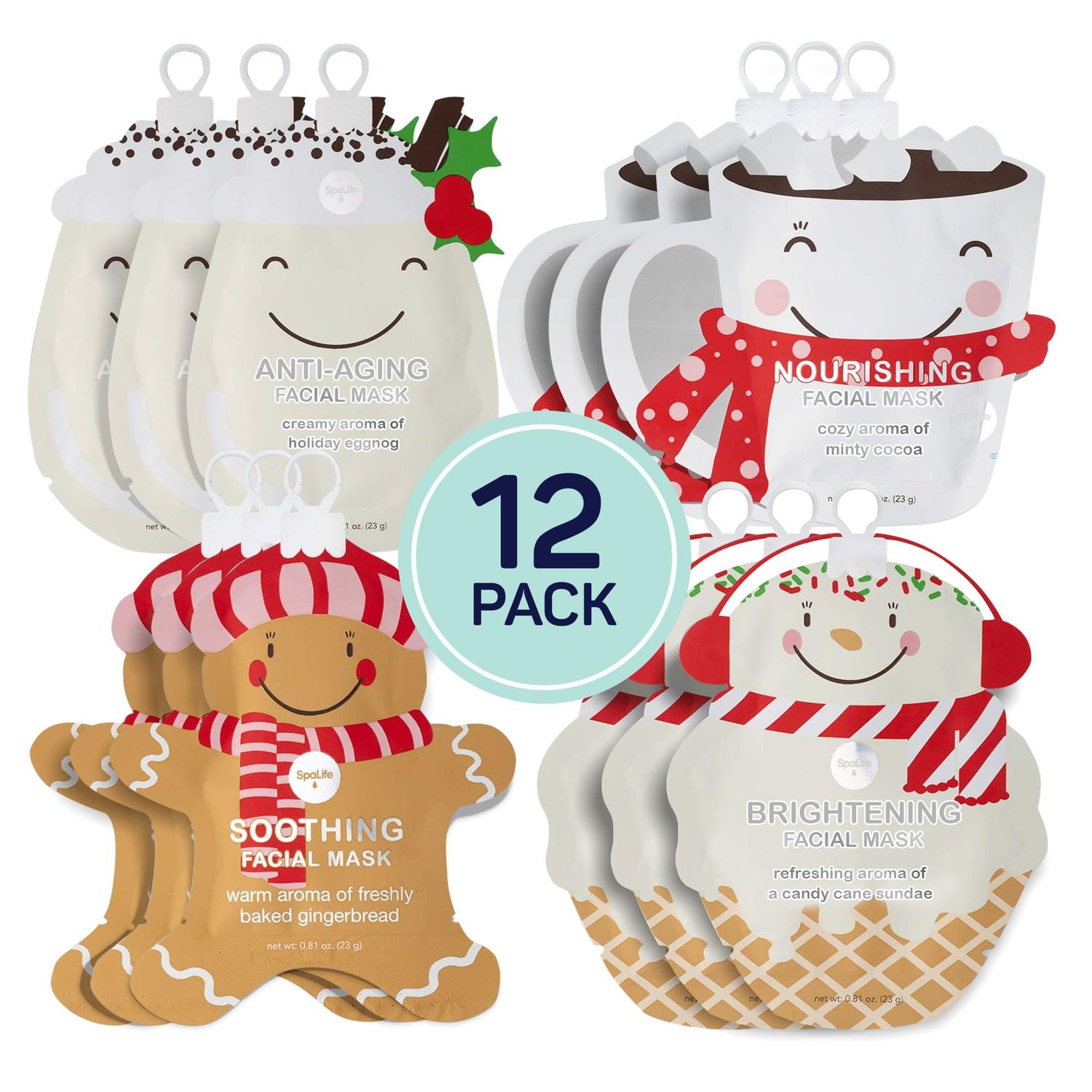 SpaLife Holiday Treats Facial Masks 12-Pack Assorted - Festive Christmas Skincare for Soothing and Nourishing - Gingerbread, Sundae, Cocoa &amp; Eggnog
