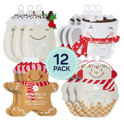 SpaLife Holiday Treats Facial Masks 12-Pack Assorted - Festive Christmas Skincare for Soothing and Nourishing - Gingerbread, Sundae, Cocoa &amp; Eggnog