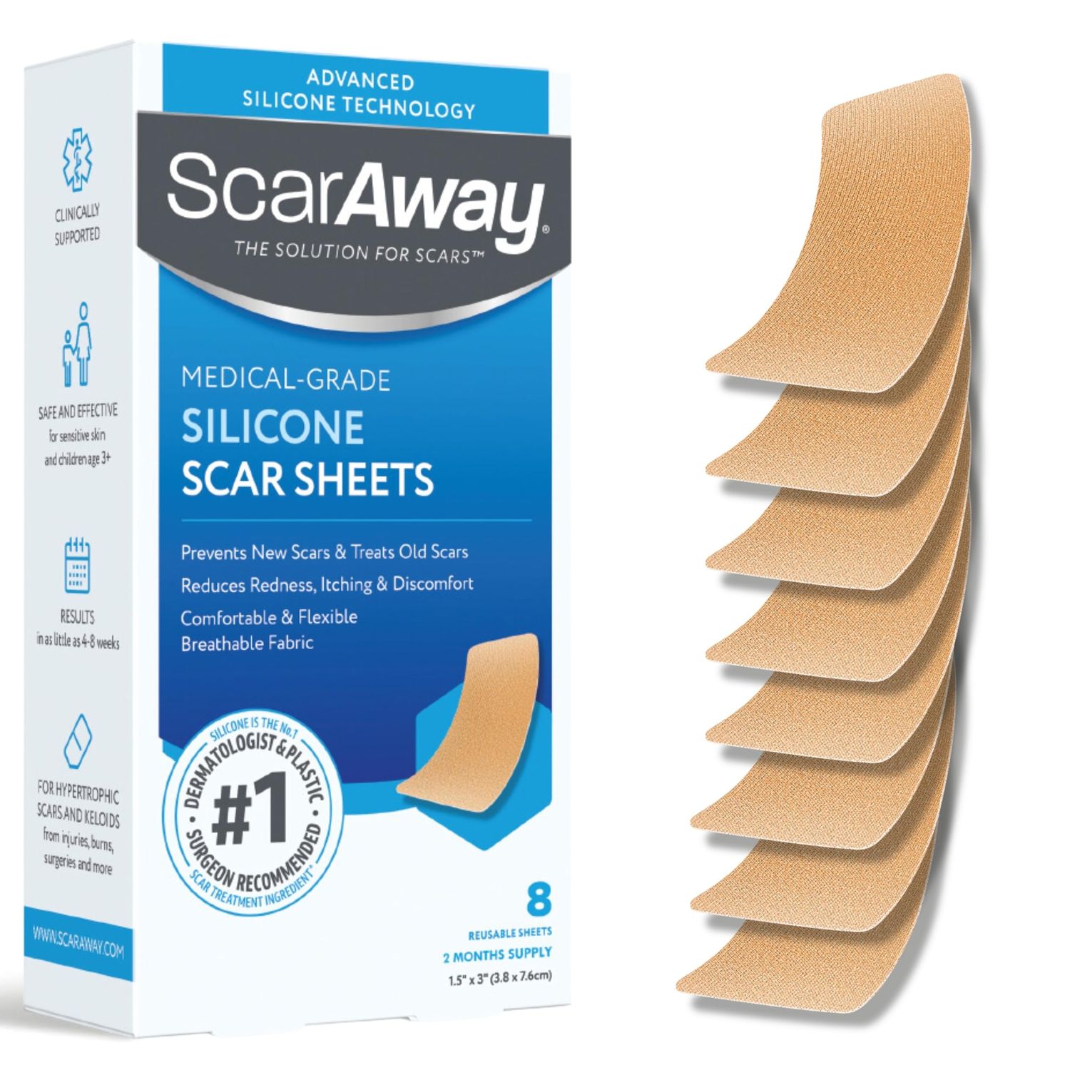 ScarAway Advanced Skincare Silicone Scar Sheets, Medical Grade Silicone Strips, No 1 Recommended Treatment for Surgical, Burn, Body, Acne, Hypertrophic &amp; Keloid Scar Treatment, 8 Tan Reusable Sheets